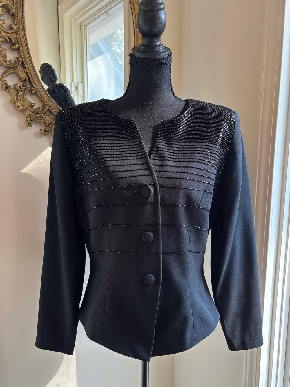 Vintage Rimini by Shaw Black Beaded Ombré Shoulder Pad Button Blazer